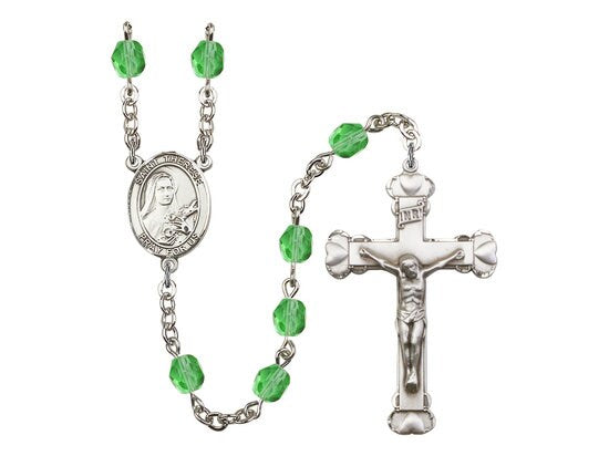 St. Therese of Lisieux Center Hand Made Silver Plate Rosary with 6mm Fire Polished Peridot Beads