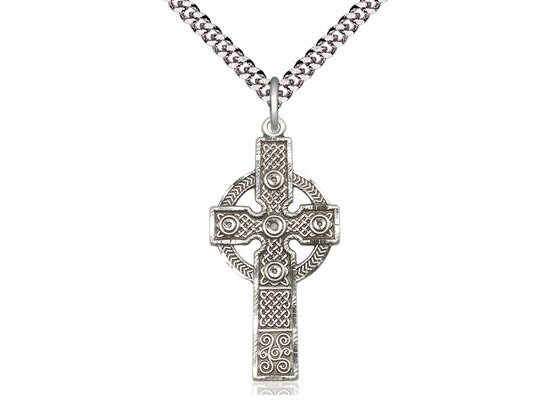 Kilklispeen Cross Sterling Silver Pendant on a 24 inch Light Rhodium Heavy Curb Chain.
