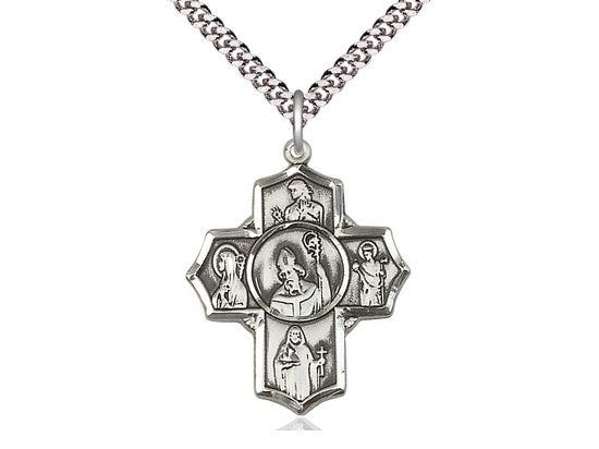 Irish 5-Way Cross Sterling Silver Pendant on a 24 inch Light Rhodium Heavy Curb Chain.