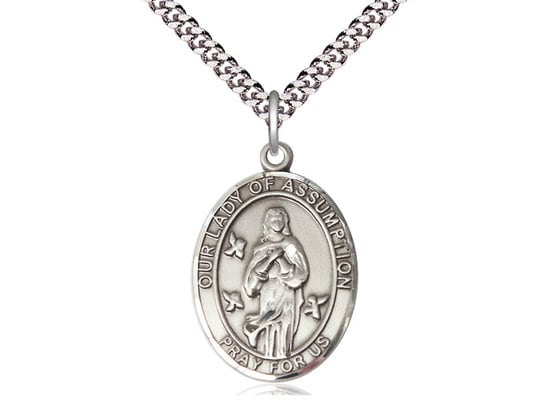 Our Lady of Assumption Sterling Silver Pendant on a 24 inch Light Rhodium Heavy Curb Chain.