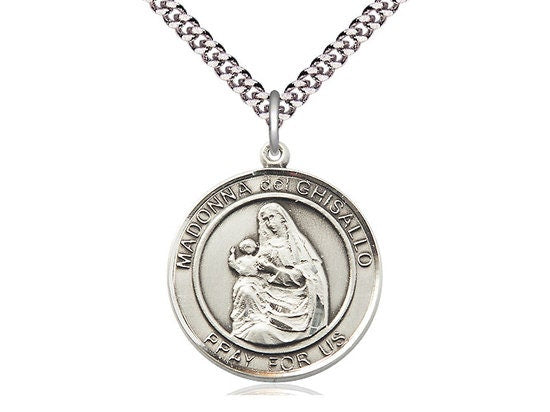 St Madonna Del Ghisallo Sterling Silver Pendant on a 24 inch Light Rhodium Heavy Curb Chain.