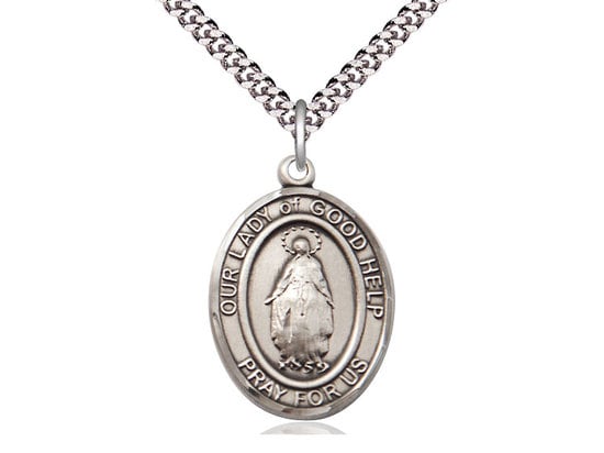 Our Lady Of Good Help Sterling Silver Pendant on a 24 inch Light Rhodium Heavy Curb Chain.