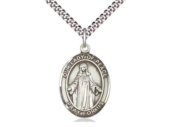 Our Lady of Peace Sterling Silver Pendant on a 24 inch Light Rhodium Heavy Curb Chain.
