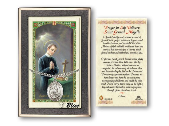 Saint Gerard Majella Medal on a 24 inch Heavy Curb Chain with a Prayer For Safe Delivery - St Gerard Majella Prayer Card.