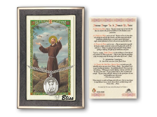 Saint Francis of Assisi Medal on a 24 inch Heavy Curb Chain with a Novena to St Francis of Assisi Prayer Card.