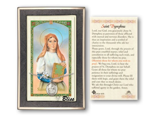 Saint Dymphna Medal on a 18 inch Lite Curb Chain with a Prayer to St Dymphna Prayer Card.