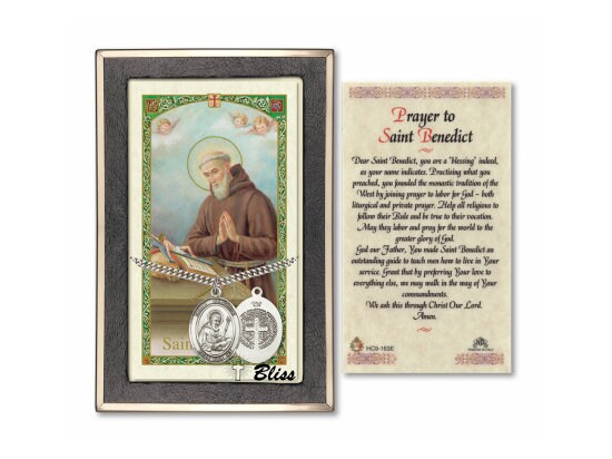 Saint Benedict Medal on a 24 inch Heavy Curb Chain with a Prayer to St Benedict Prayer Card.