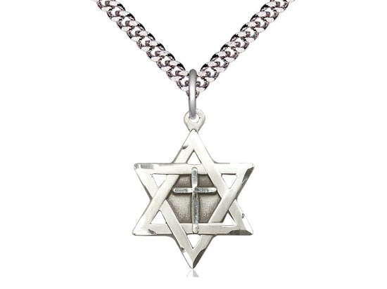 Star of David w/ Cross Sterling Silver Pendant on a 24 inch Light Rhodium Heavy Curb Chain.
