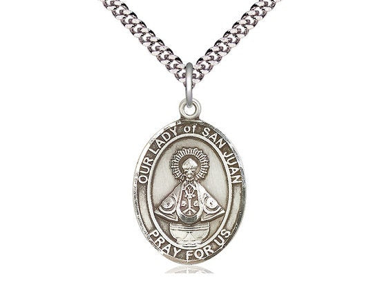 Our Lady of San Juan Sterling Silver Pendant on a 24 inch Light Rhodium Heavy Curb Chain.