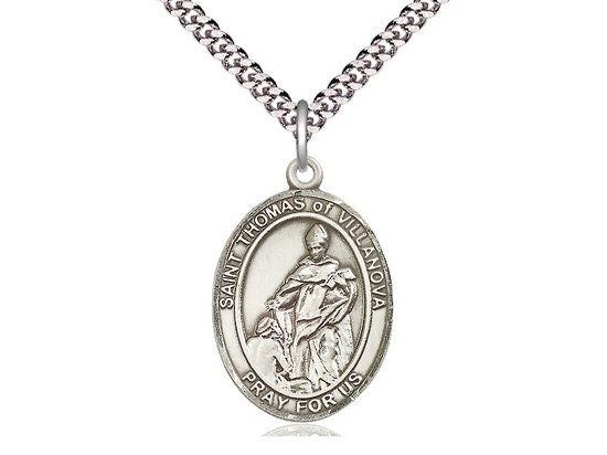 St Thomas of Villanova Sterling Silver Pendant on a 24 inch Light Rhodium Heavy Curb Chain.