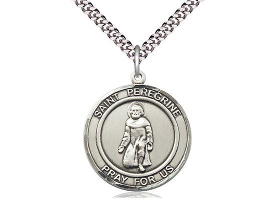 St Peregrine Sterling Silver Pendant on a 24 inch Light Rhodium Heavy Curb Chain.