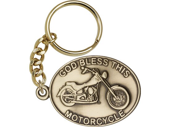 God Bless This Motorcycle Keychain Gold Finish