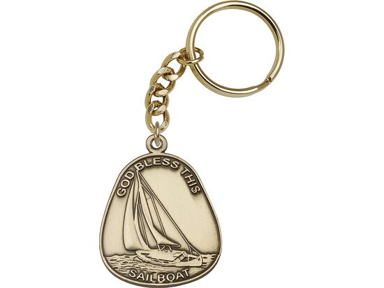 God Bless This Sailboat Keychain Gold Finish