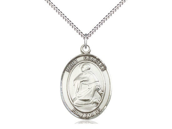 St Charles Borromeo Sterling Silver Pendant on a 18 inch Rhodium Light Curb Chain.