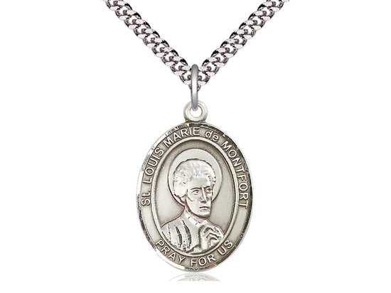 St Louis Marie de Montfort Sterling Silver Pendant on a 24 inch Light Rhodium Heavy Curb Chain.
