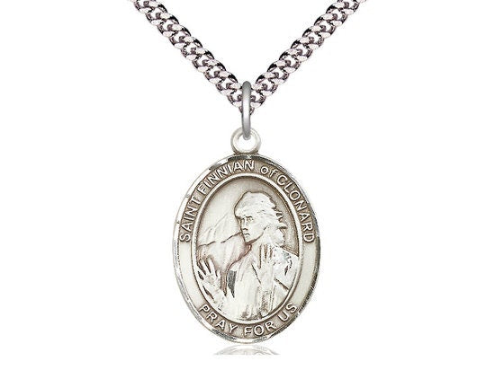 St Finnian of Clonard Sterling Silver Pendant on a 24 inch Light Rhodium Heavy Curb Chain.