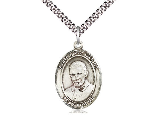St Luigi Orione Sterling Silver Pendant on a 24 inch Light Rhodium Heavy Curb Chain.