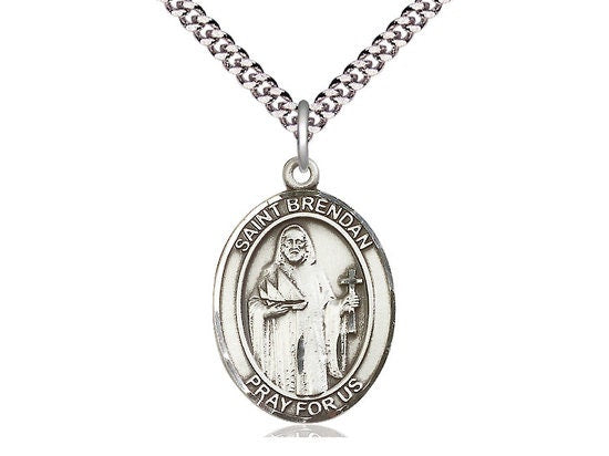 St Brendan the Navigator Sterling Silver Pendant on a 24 inch Light Rhodium Heavy Curb Chain.
