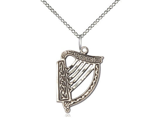 Irish Harp Sterling Silver Pendant on a 18 inch Sterling Silver Light Curb Chain.