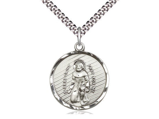St Perregrine Sterling Silver Pendant on a 24 inch Light Rhodium Heavy Curb Chain.