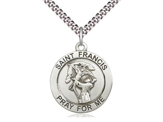 St Francis of Assisi Sterling Silver Pendant on a 24 inch Light Rhodium Heavy Curb Chain.