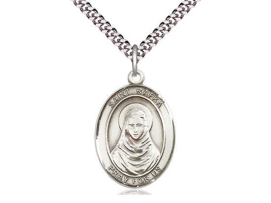 St Rafka Sterling Silver Pendant on a 24 inch Light Rhodium Heavy Curb Chain.