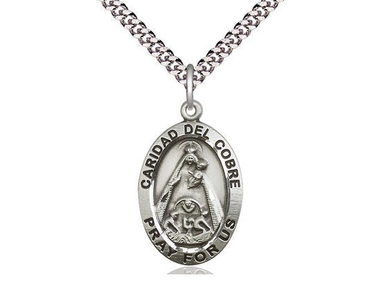 Caridad del Cobre Sterling Silver Pendant on a 24 inch Light Rhodium Heavy Curb Chain.