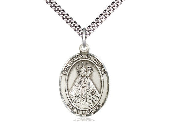 Our Lady of Olives Sterling Silver Pendant on a 24 inch Light Rhodium Heavy Curb Chain.