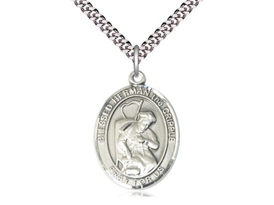 Blessed Herman the Cripple Sterling Silver Pendant on a 24 inch Light Rhodium Heavy Curb Chain.