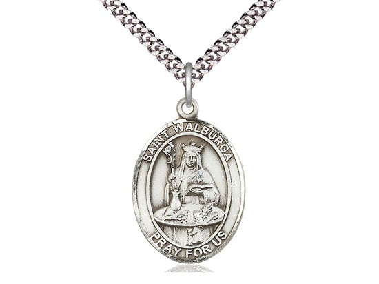St Walburga Sterling Silver Pendant on a 24 inch Light Rhodium Heavy Curb Chain.