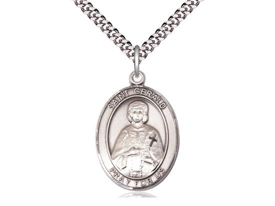 St Gerald Sterling Silver Pendant on a 24 inch Light Rhodium Heavy Curb Chain.