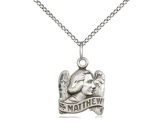 St Matthew Sterling Silver Pendant on a 18 inch Sterling Silver Light Curb Chain.