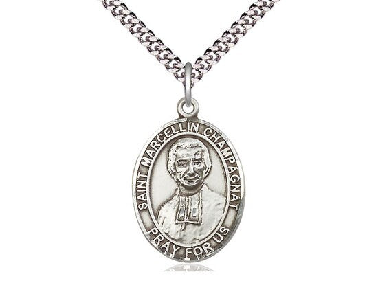 St Marcellin Champagnat Sterling Silver Pendant on a 24 inch Light Rhodium Heavy Curb Chain.