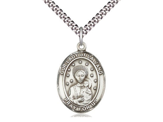 Our Lady of la Vang Sterling Silver Pendant on a 24 inch Light Rhodium Heavy Curb Chain.