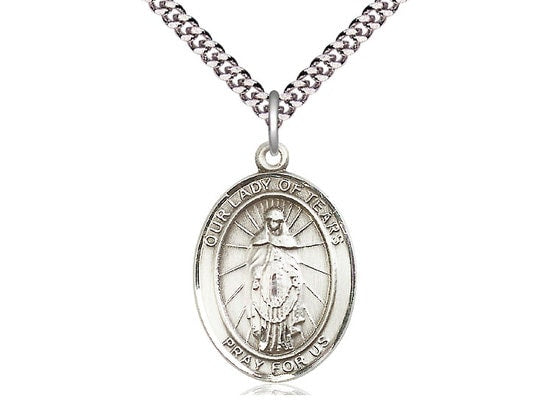 Our Lady of Tears Sterling Silver Pendant on a 24 inch Light Rhodium Heavy Curb Chain.