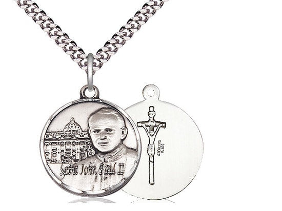 St John Paul II Vatican Sterling Silver Pendant on a 24 inch Light Rhodium Heavy Curb Chain.