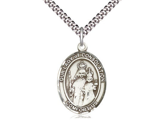 Our Lady of Consolation Sterling Silver Pendant on a 24 inch Light Rhodium Heavy Curb Chain.