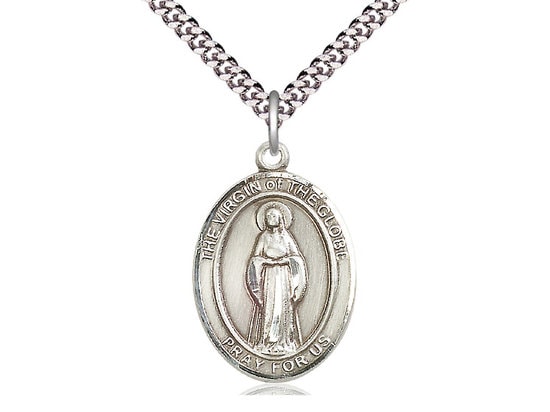 Virgin of the Globe Sterling Silver Pendant on a 24 inch Light Rhodium Heavy Curb Chain.