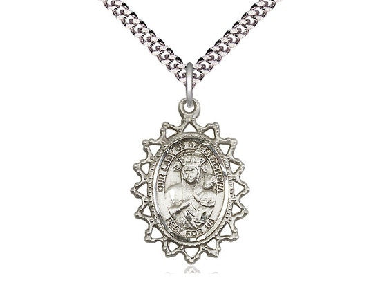 Our Lady of Czestochowa Sterling Silver Pendant on a 24 inch Light Rhodium Heavy Curb Chain.