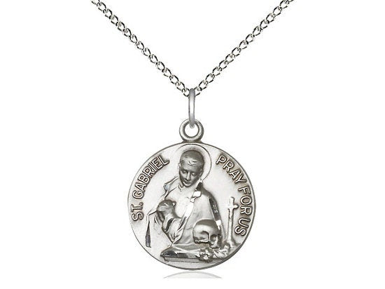 Saint Gabriel of the Blessed Virgin Sterling Silver Pendant on a 18 inch Sterling Silver Light Curb Chain.