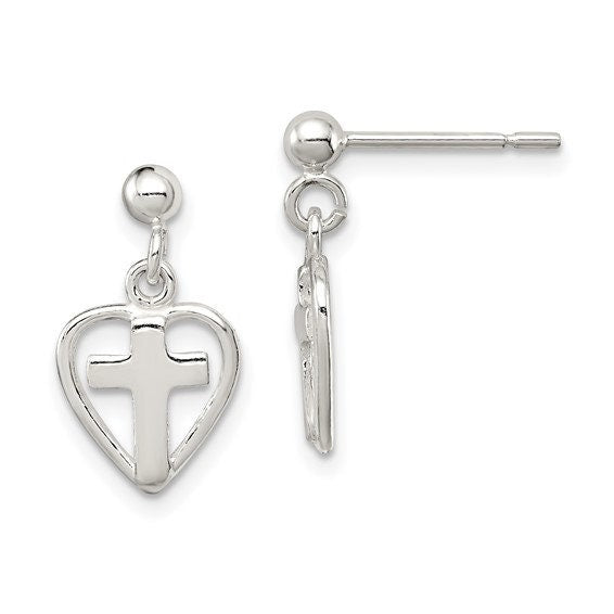 Sterling Silver Cross in Heart Earrings