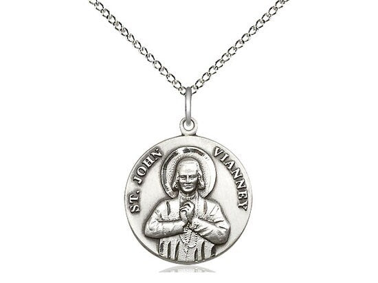 St John Vianney Sterling Silver Pendant on a 18 inch Sterling Silver Light Curb Chain.