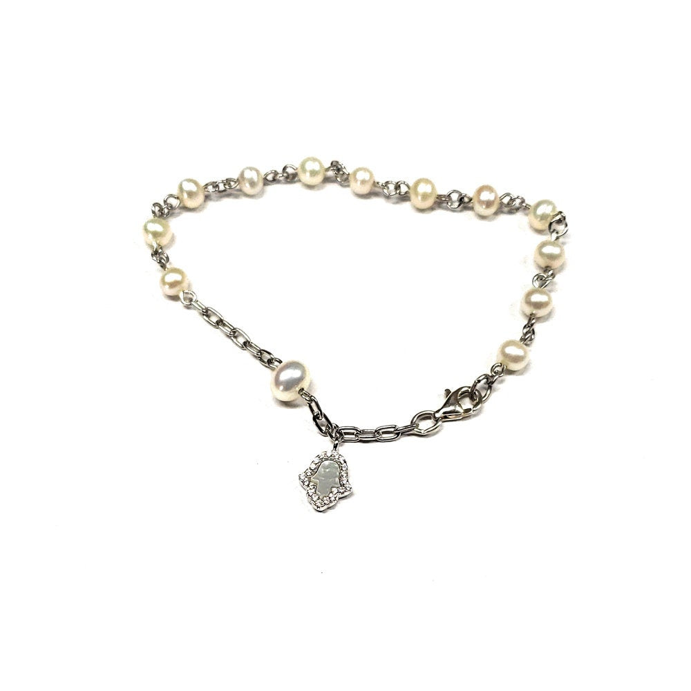 Sterling Silver Fresh Water Pearl Bracelet & Hand of God Charm