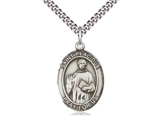 St Placidus Sterling Silver Pendant on a 24 inch Light Rhodium Heavy Curb Chain.