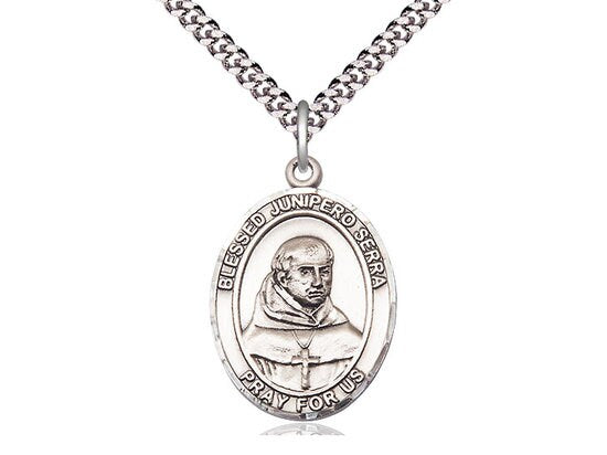 St. Junipero Serra Sterling Silver Pendant on a 24 inch Light Rhodium Heavy Curb Chain.