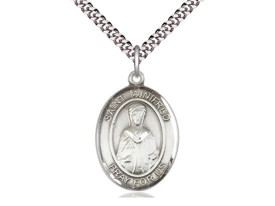 St Winifred of Wales Sterling Silver Pendant on a 24 inch Light Rhodium Heavy Curb Chain.