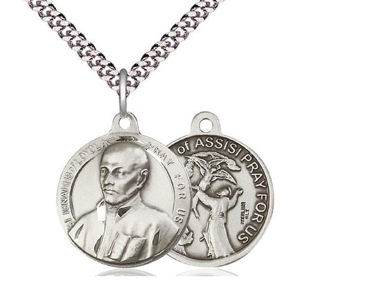 Saint Ignatius / Saint Francis of Assisi Sterling Silver Pendant on a 24 inch Light Rhodium Heavy Curb Chain.