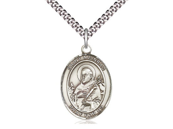 St Meinrad of Einsideln Sterling Silver Pendant on a 24 inch Light Rhodium Heavy Curb Chain.