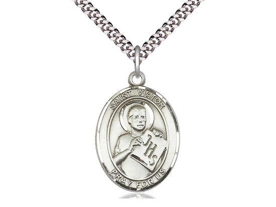 St Viator of Bergamo Sterling Silver Pendant on a 24 inch Light Rhodium Heavy Curb Chain.