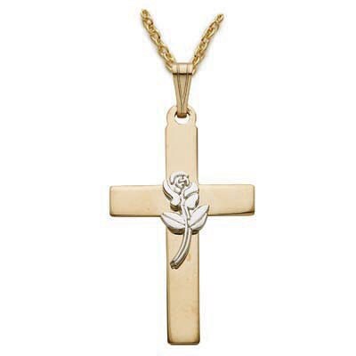 Gold Plated Two Tone Sterling Silver Cross With Rose